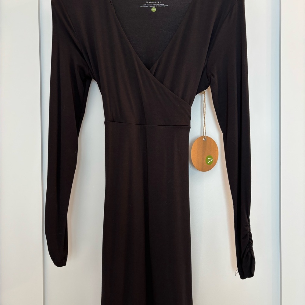 Dakini Black Long-Sleeve Wrap Midi Dress with wrap around tie
